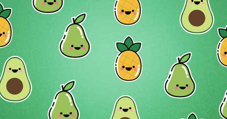 Digitally generated image of avocados and pineapples with pear against green background. healthy food and vector concept.の写真素材