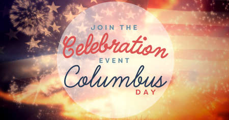 Digital composite image of columbus day celebrtion event symbol over american flag and fireworks. discovery and identity.の写真素材