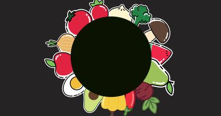 Vector image of various food arranged in circular shape against black background with copy space. healthy food, advertisement and vector concept.の写真素材