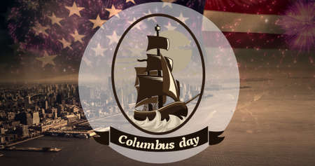 Multiple exposure of columbus day with ship symbol over american flag and coastal city. digital composite of symbol, identity and discoveryの写真素材