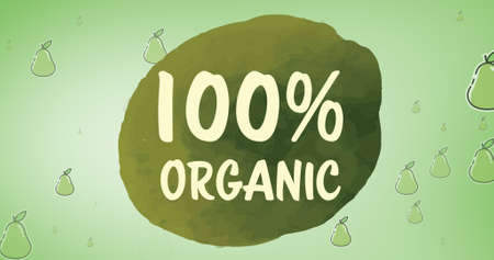 Digital composite image of 100 percent organic text amidst pears on green background. symbol and vegetarianism.の写真素材