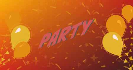 Digital composite image of party text amidst balloons and confetti against colored background. celebration, party and symbol.の写真素材