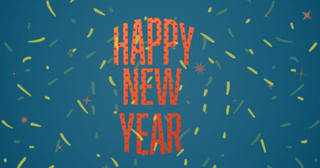 Digital composite image of happy new year text in orange color amidst confetti on blue background. celebration and symbol.の写真素材