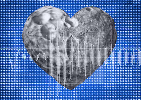 Graphs over grid network over heart shaped rock against blue background. computer interface and...