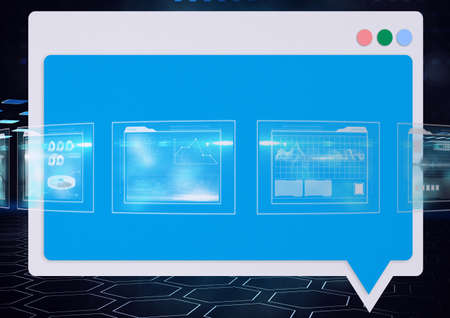 Multiple screens with digital interface with data processing against blue background. computer...