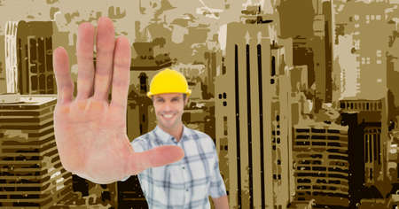 Composite image of male architect gesturing stop sign with his hand against tall buildings painting. modern architecture and engineering conceptの写真素材