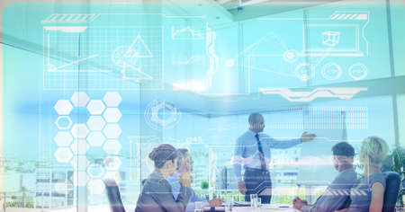 Composite image of digital interface with data processing against businessman giving a presentation....