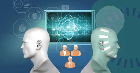 Two human head models and digital interface with medical data processing against blue background....