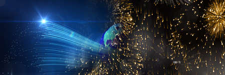 Composite image of fireworks and digital light trails against blue background. celebration and...