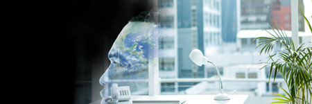 Composite image of earth paint over mans face and office interior. business and save planet earth conceptの写真素材