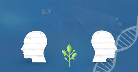 Two human head models and plant icon against medical data processing on blue background. medical...