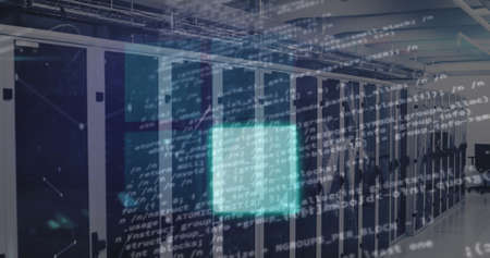 Image of loading ring over data processing and server room. global business, data processing,...
