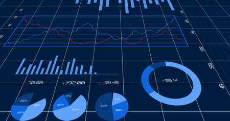 Image of data processing, circles and diagrams on the blue background. Digital online security computer interface concept digitally generated.の写真素材
