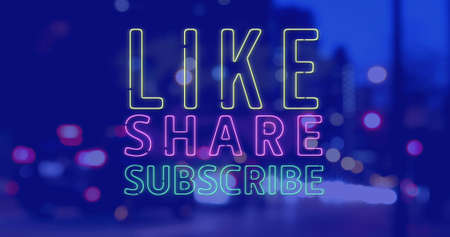 Image of like share subscribe texts over cityscape. communication technology, data sharing and...