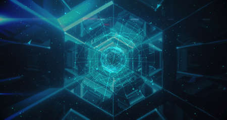 Image of digital interface with globe of network of connections in blue glowing tunnel. Global...