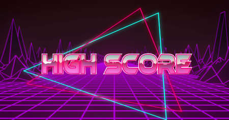 Image of high score text over colourful grid and digital terrain. digital interface image game concept digitally generated image.の写真素材