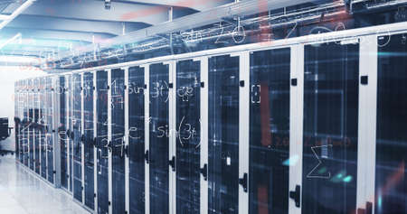 Image of handwritten mathematical equations and digital interface over network of computer servers in tech room. Global digital computer network concept digitally generated image.の写真素材