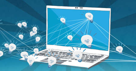 Image of light bulb icons over laptop on blue background. global networking, ideas and business...