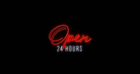 Image of Emerging red Open neon billboard against black backgroundの写真素材