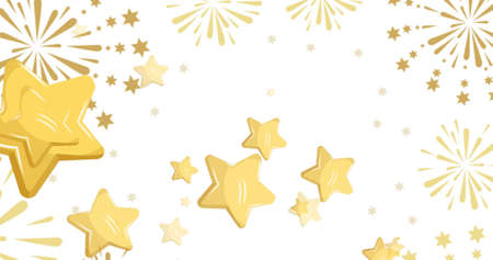 Image of gold christmas stars moving over new year fireworks on white background. christmas, new...
