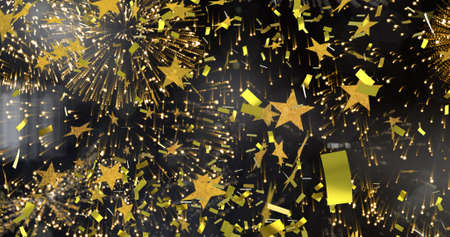 Image of gold christmas stars and confetti with new year fireworks on black background. christmas,...