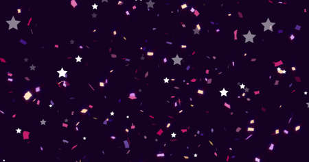 Image of white christmas stars and pink new year confetti falling on black background. christmas, new year, celebration, party and seasonal event concept digitally generated image.の写真素材