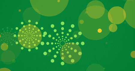 Image of green new year fireworks and bokeh light spots on green background. new year, celebration, party and seasonal event concept digitally generated image.の写真素材