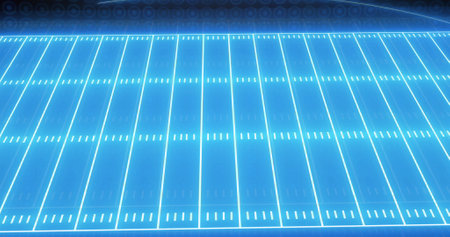 Image of blue neon sports stadium over circles in row on black background. global sports and digital interface concept digitally generated image.の写真素材