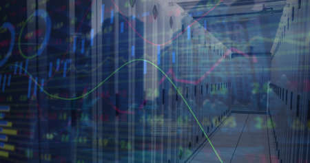 Image of digital interface and data processing over server room. global business, finances, digital...