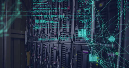 Image of data processing and media icons over server room. global business, finances, connections and digital interface concept digitally generated image.の写真素材