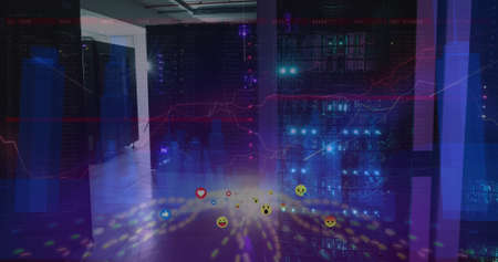 Image of digital interface and data processing over dark background. global business, finances,...