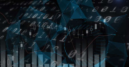 Image of data processing and diagrams on black background. global business, finances, connections...