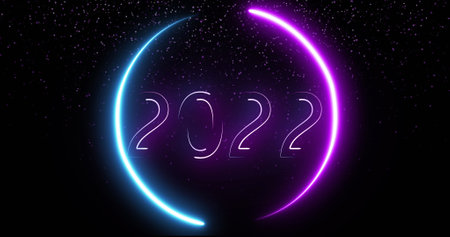 Image of neon 2022 text on black background. social media and communication interface concept digitally generated image.の写真素材
