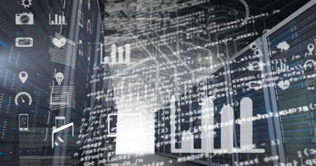 Image of data processing and media icons over server room. global business, finances, connections...