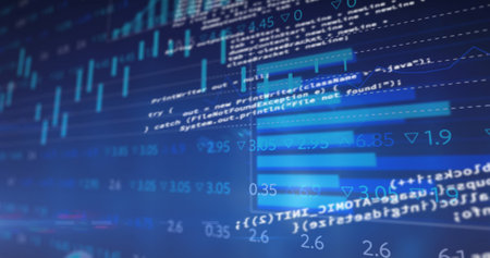 Image of data processing and diagrams on blue background. global business, finances, connections and digital interface concept digitally generated image.の写真素材