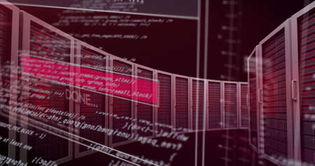 Image of data processing over server room. global business, finances, connections and digital...
