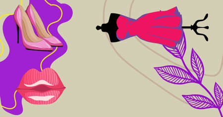 Image of pink dress, shoes and lips over purple leaves and abstract shapes on beige background. fashion, social network and digital interface concept digitally generated image.の写真素材