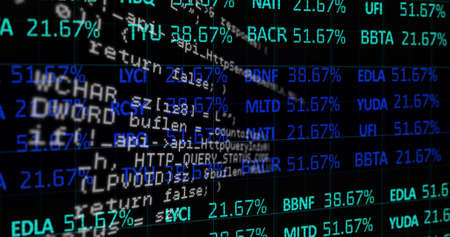 Image of data processing and stock market on black background. global business, finances,...