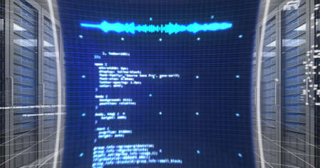 Image of data processing and digital screen over server room. global business, finances, connections...