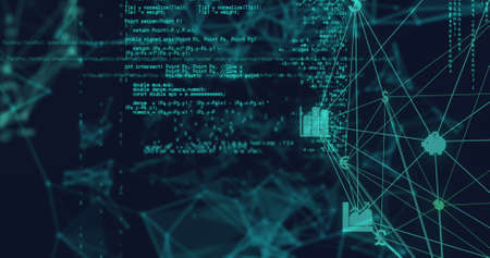 Image of data processing and media icons on blue background. global business, finances, connections and digital interface concept digitally generated image.の写真素材