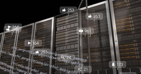 Image of data processing and media icons over server room. global business, finances, connections...