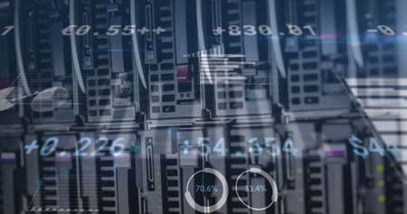 Image of data processing and diagrams over server room. global business, finances, connections and...
