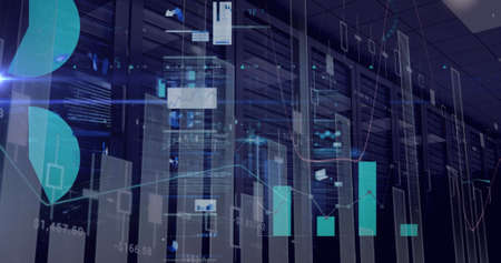 Image of data processing and diagrams over server room. global business, finances, connections and...