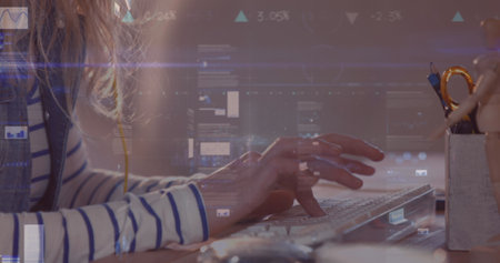 Image of clock, statistics and financial data processing over businesswoman using comptuer. global...