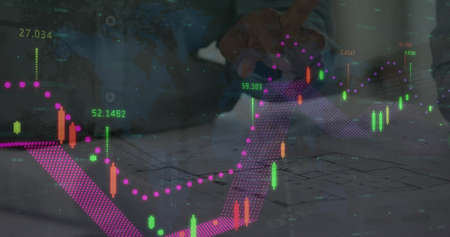 Image of statistics and financial data processing over architect with plans in meeting....