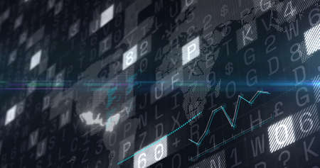 Image of financial graph over data processing on dark background. global connections, business, digital interface, technology and networking concept digitally generated image.の写真素材