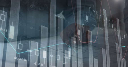 Image of financial data processing over businessman. global business, connections and data...