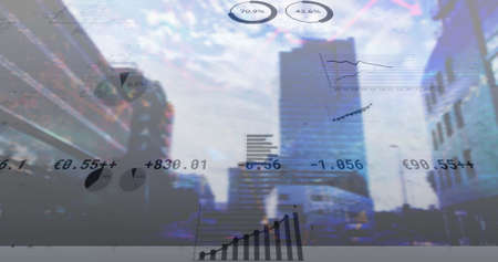 Image of financial data processing and statistics over cityscape. global business, finances, data processing and digital interface concept digitally generated image.の写真素材