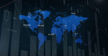 Image of financial data processing over black background. global business, finances, digital interface and connections concept digitally generated image.の写真素材