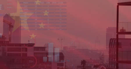 Image of flag of china and financial data processing over cityscape. chinese economy and business concept digitally generated image.の写真素材